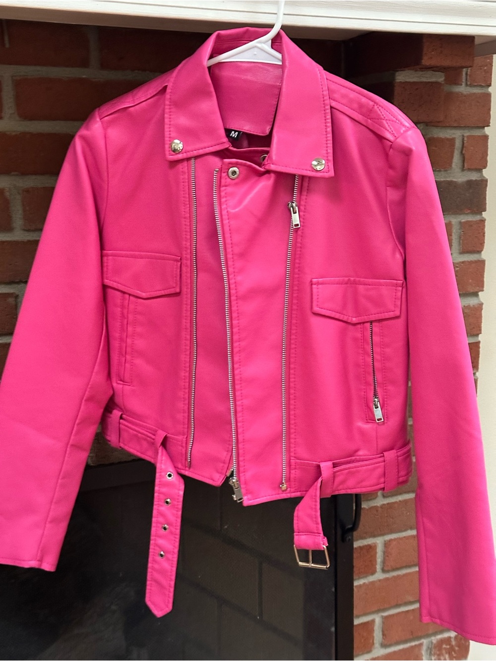 SHEIN Hot Pink Faux Leather Moto Jacket with Belt